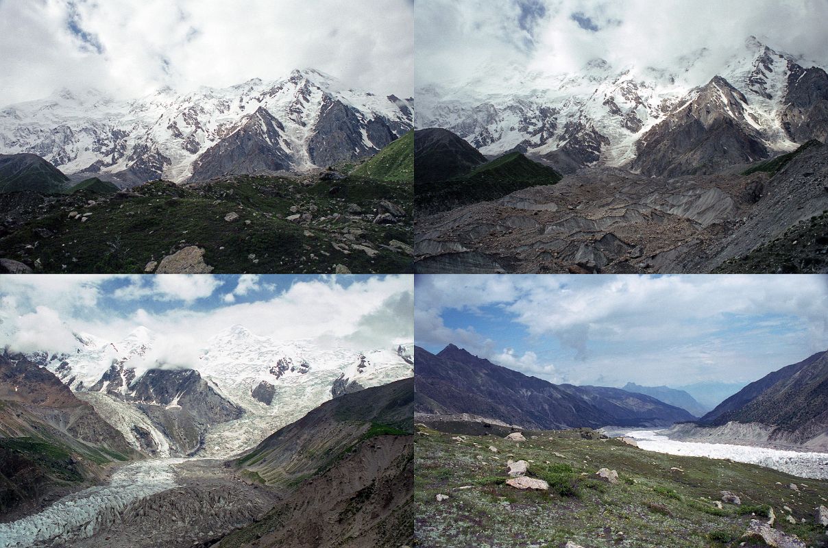 13 Trek To Nanga Parbat Base Camp Passing Ganalo Glacier, Chongra Peak In Clouds Above Rakhiot Glacier, Looking Back Towards Fairy Meadows We crossed the Ganalo Glacier with Chongra Peak in the clouds above the Rakhiot Glacier, and then looked back towards Fairy Meadows.